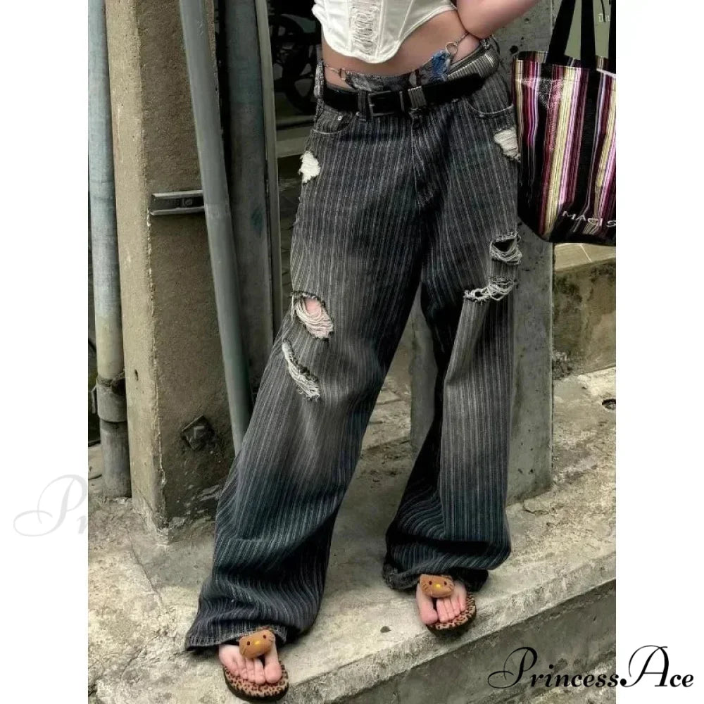 Patterned Retro Early 2000s Women Denim Trousers black / S pants-241228