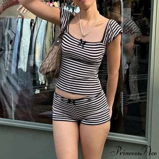 Patterned Ribbon Aesthetic Cropped Tank Short Waist Shorts Two Pieces Set twopiecesset-250126