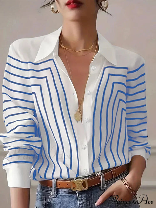 Patterned Round-neck Blouse Professional Attire Blouse Blue / S blouse-250126