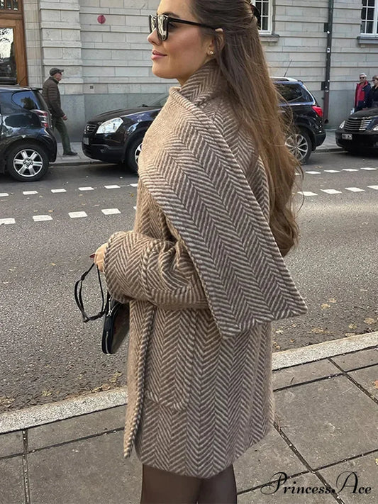 Patterned Scarf Collar Woolen Overcoat coats-241228