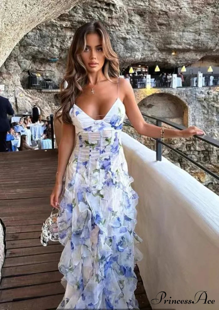 Patterned Sheer Dress Formal Dress blue / S promdress-250223