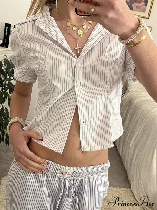 Patterned Short Sleeve Button Up Top white / S blouse-250223