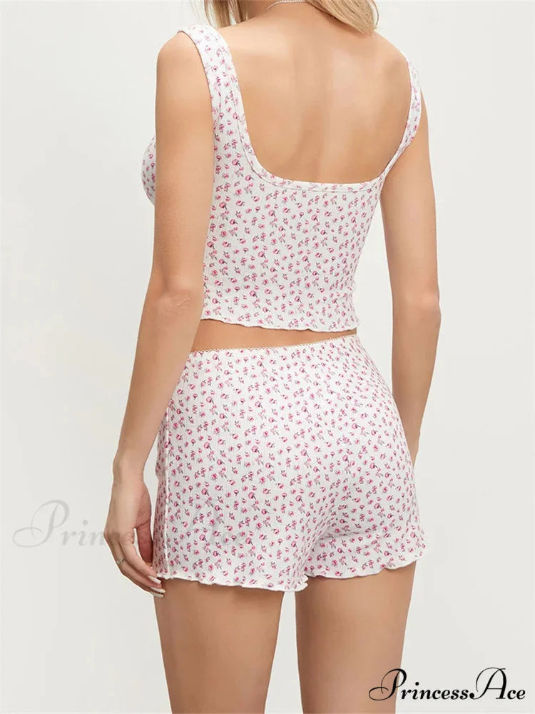 Patterned Sleeveless Square Neck Camis Crop Top with Shorts Pajama Set twopiecesset-250126
