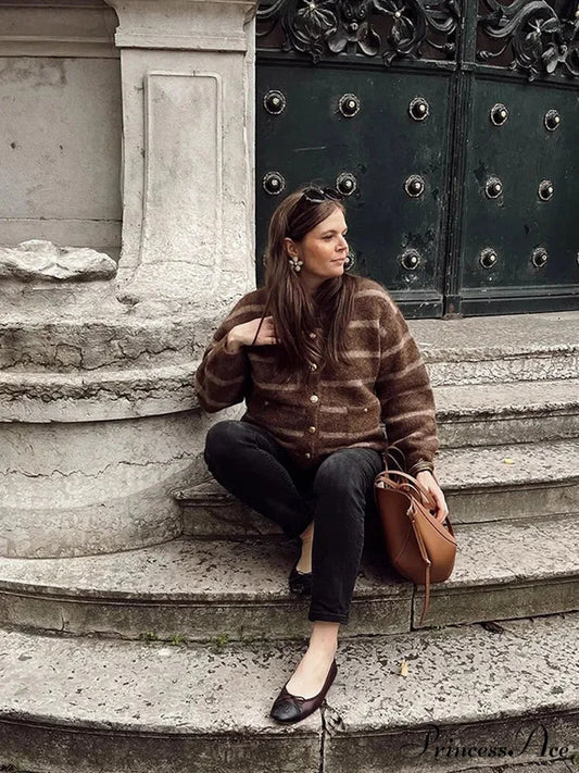 Patterned Solitary Buttoned Pocket Cardigan Brown / S cardigans-241228