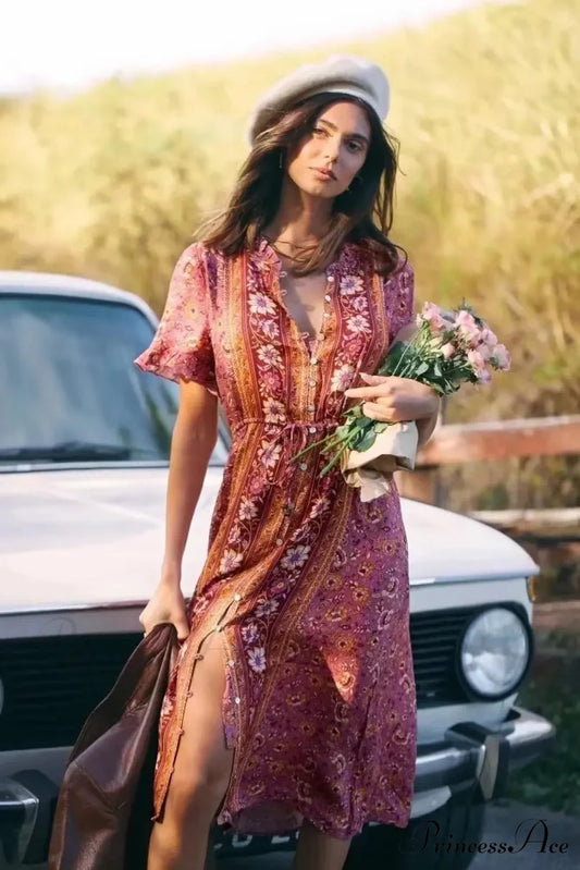 Patterned Square Neck Short Sleeve Beachwear Boho Midi Dress as picture / S bohodress-250126