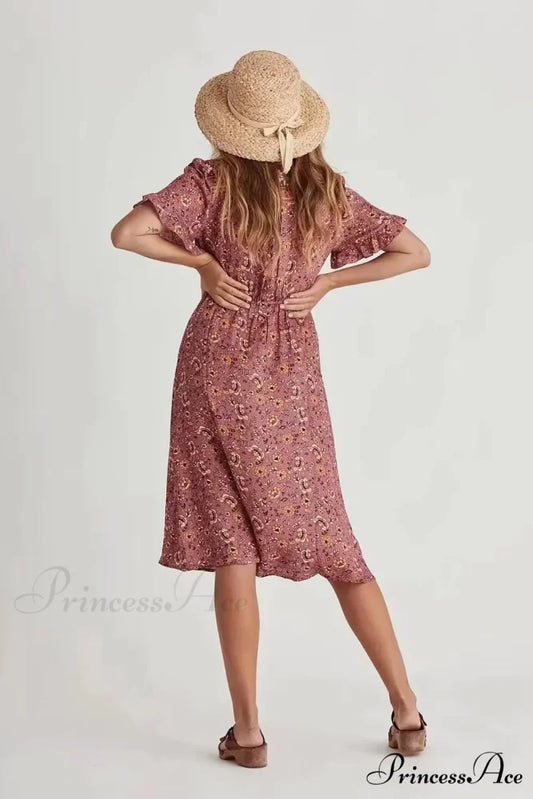 Patterned Square Neck Short Sleeve Beachwear Boho Midi Dress bohodress-250126