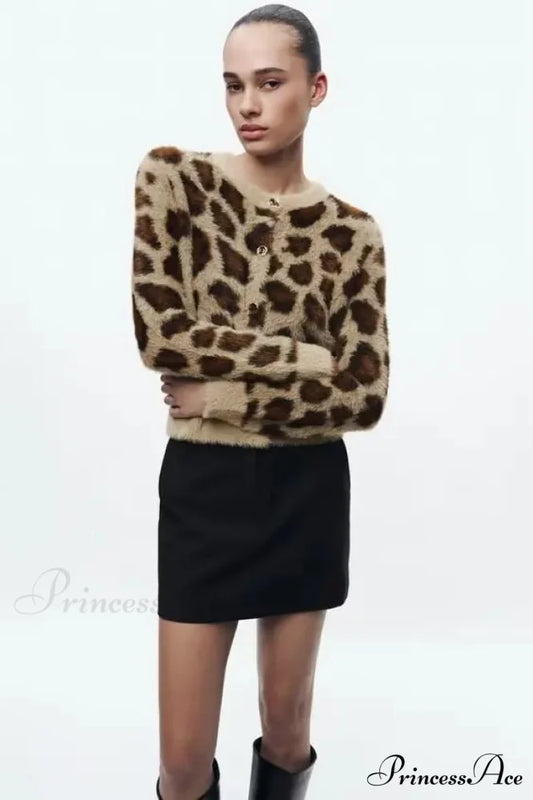 Patterned Synthetic Fur Leopard Design Sweater cardigans-241228