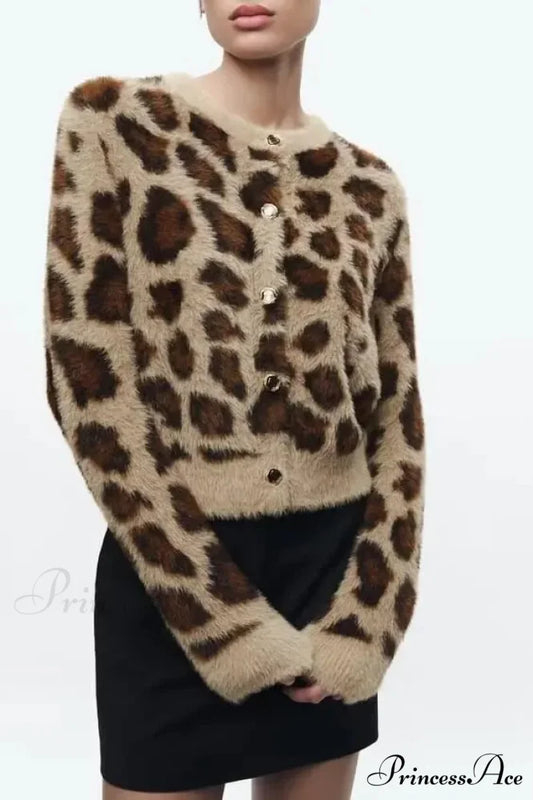 Patterned Synthetic Fur Leopard Design Sweater Khaki / S cardigans-241228