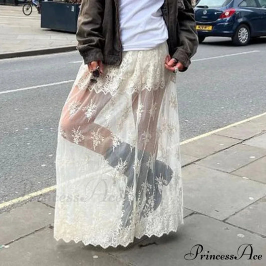 Patterned Transparent Maxi Skirt Beige / S skirts-250223
