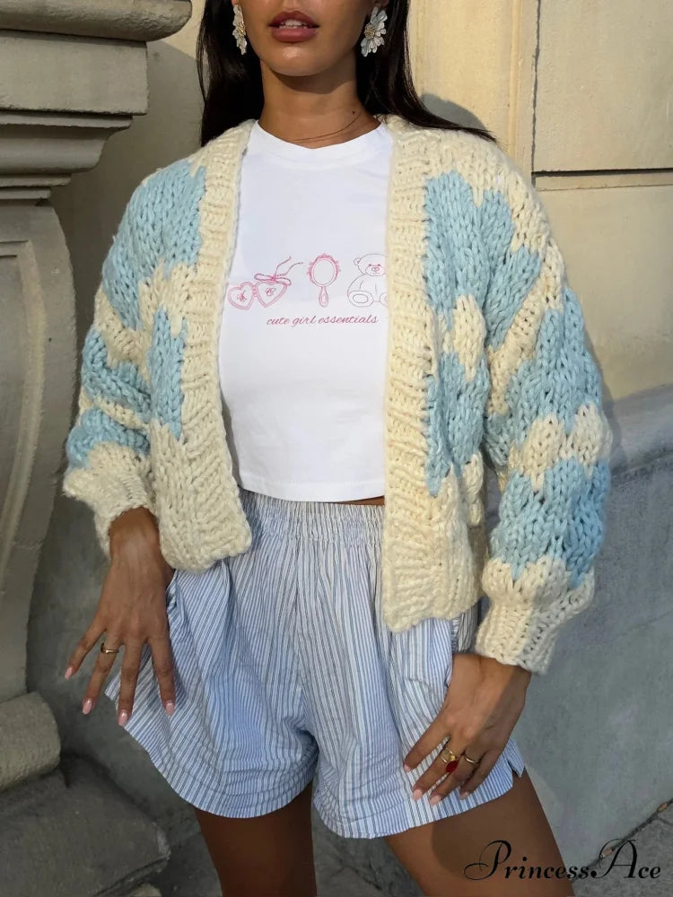 Patterned Vintage Extended Sleeve Knitted Cardigan blue / S cardigans-241228