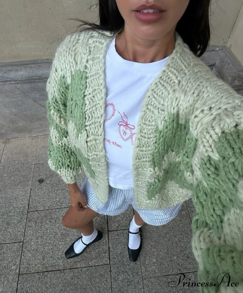 Patterned Vintage Extended Sleeve Knitted Cardigan light green / S cardigans-241228