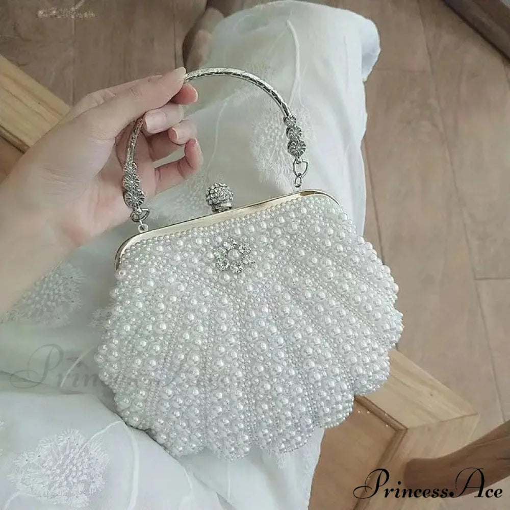 Pearl Beaded Evening Clutch Bag with Chain pearl white clutchbag-250126