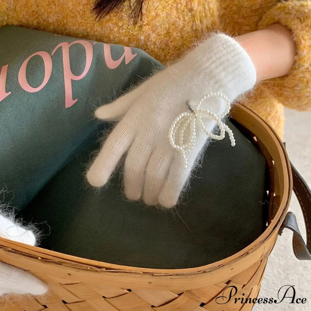 Pearl Bow Knot Winter Wool Furry Thickened Warm Soft Y2k Lolita Cosplay Christmas Gloves