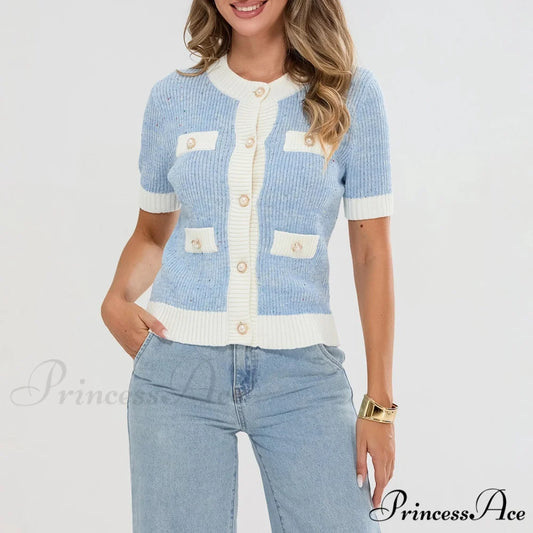 Pearl Button Short Sleeve Cardigan blue / S