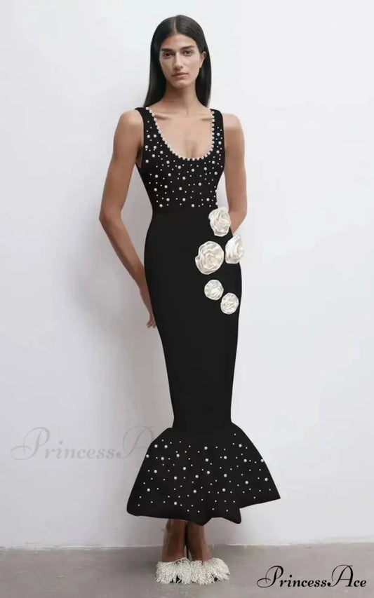 Pearl Flower Midi Mermaid Party Dress Black / XS
