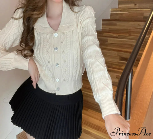 Pearl Turn Down Collar Cardigan white / One Size