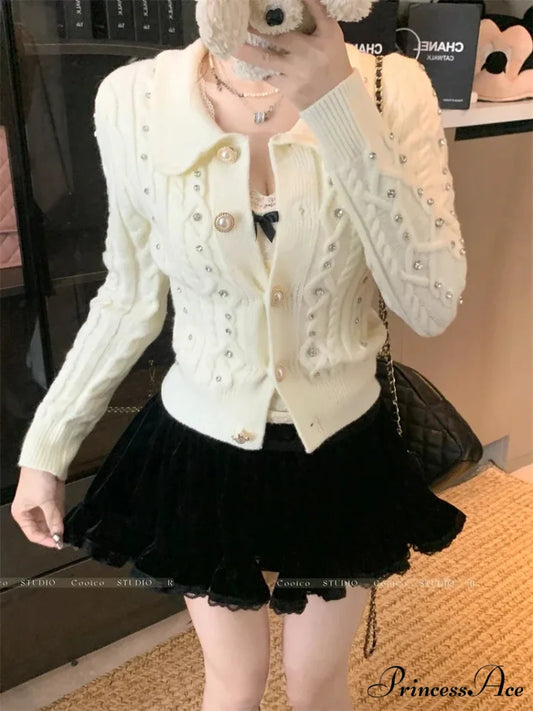 Pearl Turn Down Collar Cardigan white / One Size