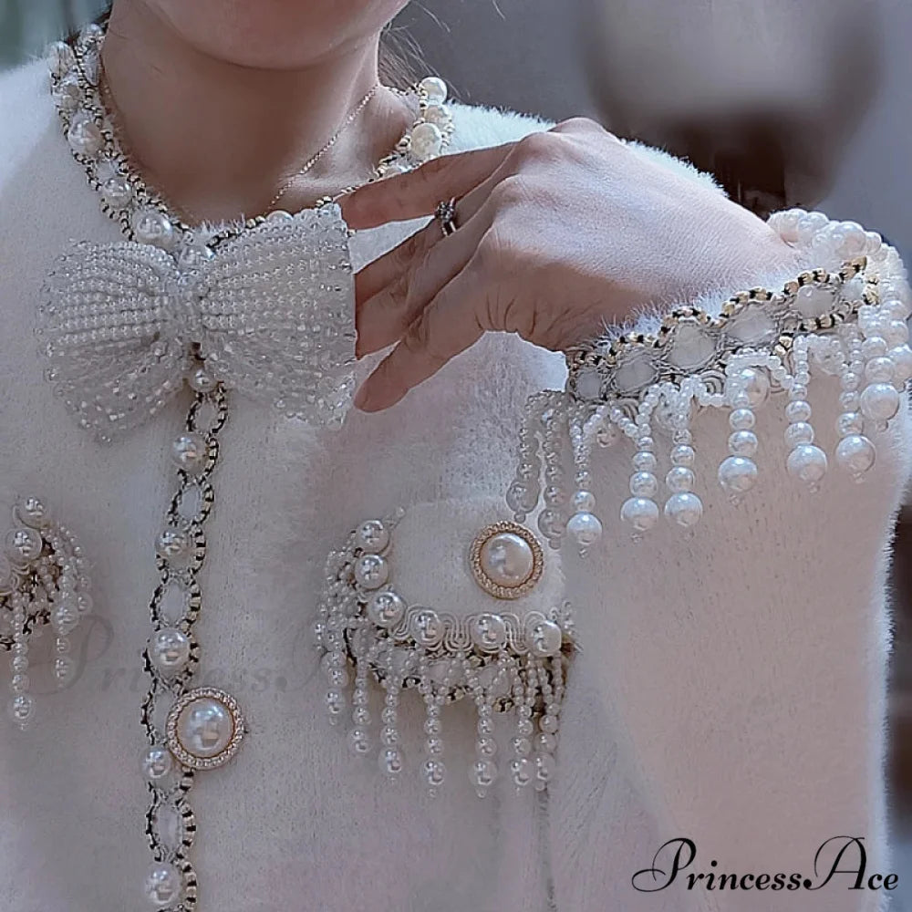 Pearls Tassels Fringed Bow Cardigan WHITE / S