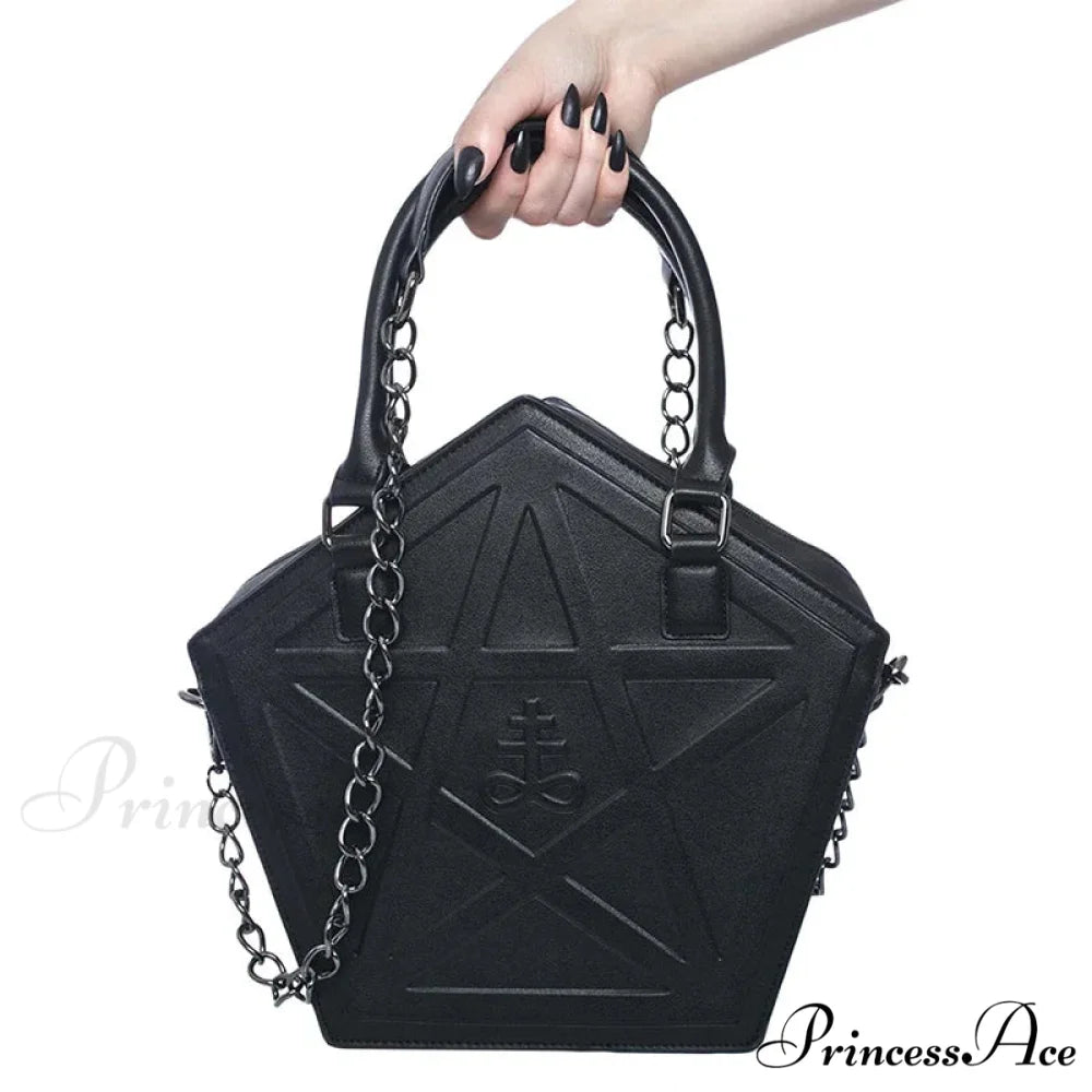 Pentagram Punk Darkness Gothic Soft Leather Chain Shoulder Handbag Bag Black / (30cm
