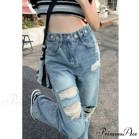 Perforated Jean Pear-Shaped Figure High Waist Straight Tube Loose Fitting Wide Leg Pants Small Stature Thin Summer