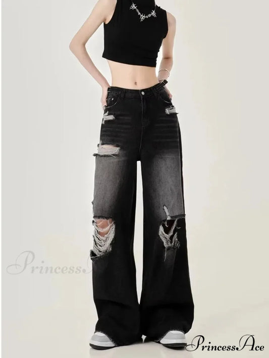 Perforated Women’s Summer New INS Fashion Brand Straight Tube Loose Sweeping High Street Jean Black / S