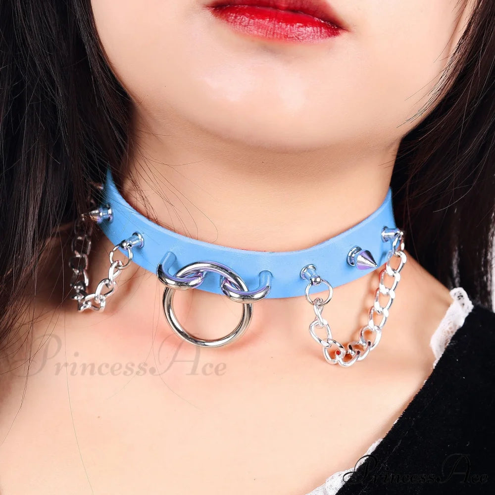 Personality O-ring Rivet Chain PU Necklace BLUE