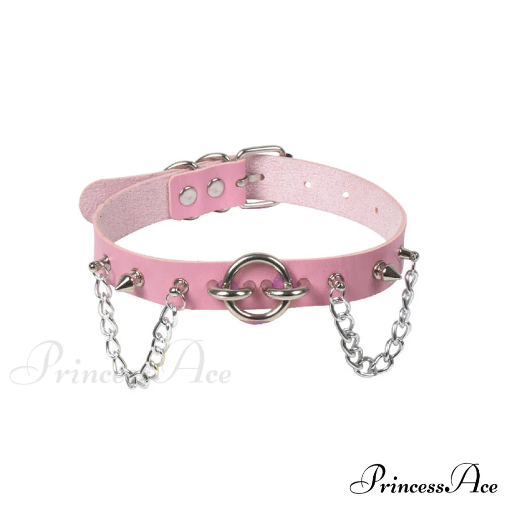 Personality O-ring Rivet Chain PU Necklace PINK