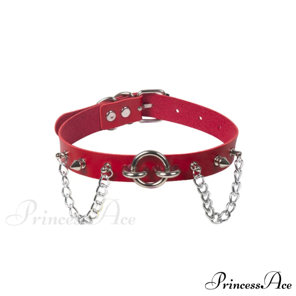 Personality O-ring Rivet Chain PU Necklace RED