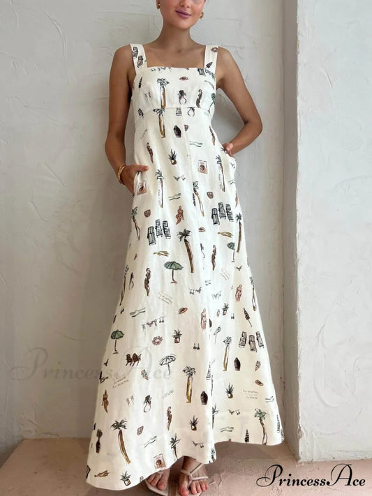 Personalized Graffiti Suspender Charming Sexy Backless Maxi Dress White / S