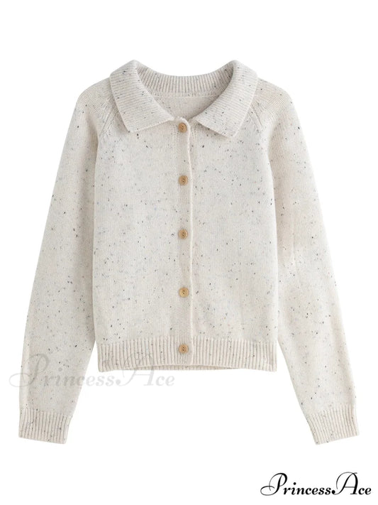Petite Retro Lapel Knit Cardigan for Early Autumn Red Christmas Sweater Ivory / XS