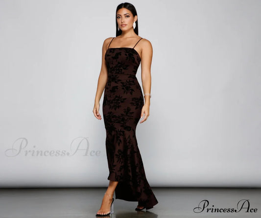 Phoebe Formal Velvet Charming Flocked Mermaid Dress BROWN / S