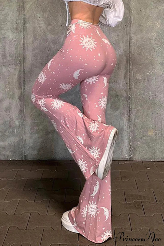 Pink Abstract Print Flares Pants Pink / M