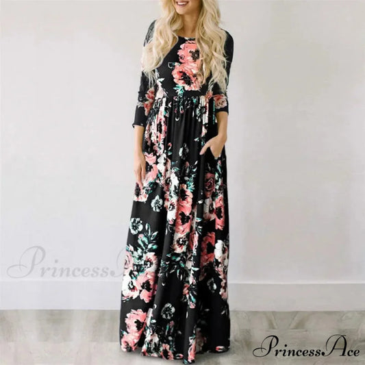 Pink Bohemian Flower Long Floral Dress Black1 / S oldfloraldress-250126