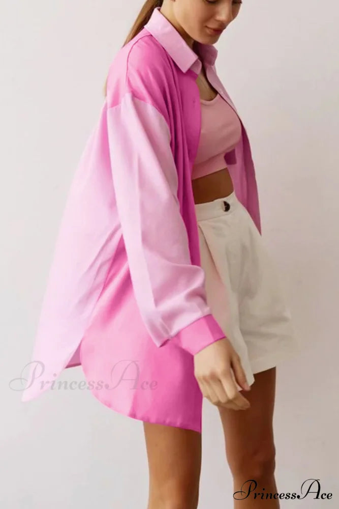 Pink Button-Up Long Sleeve Blouse with Lapel Pocket