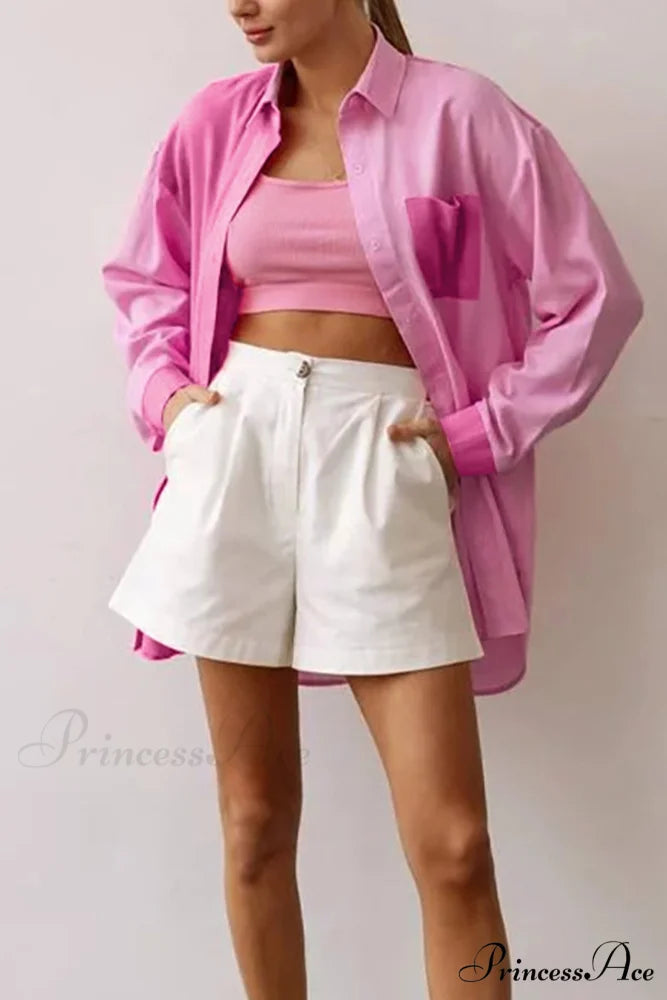 Pink Button-Up Long Sleeve Blouse with Lapel Pocket Pink / M