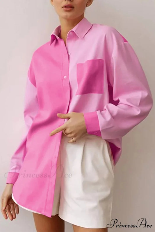 Pink Button-Up Long Sleeve Blouse with Lapel Pocket Pink / S