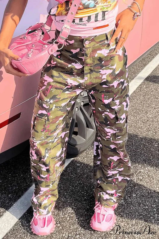 Pink Camo High Waist Pants Pink / XS