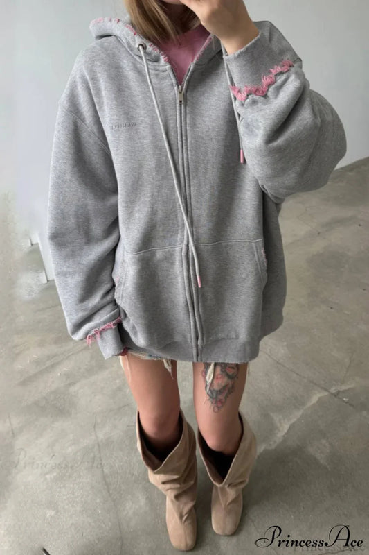 Pink Distressed Zip Loose Hoodie