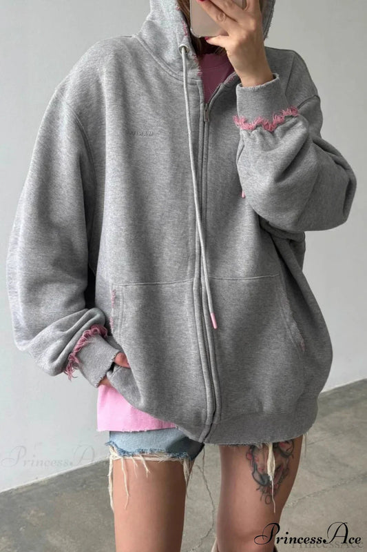 Pink Distressed Zip Loose Hoodie