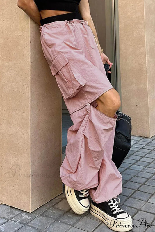 Pink Drawstring Zipper Cargo Pants Pink / S