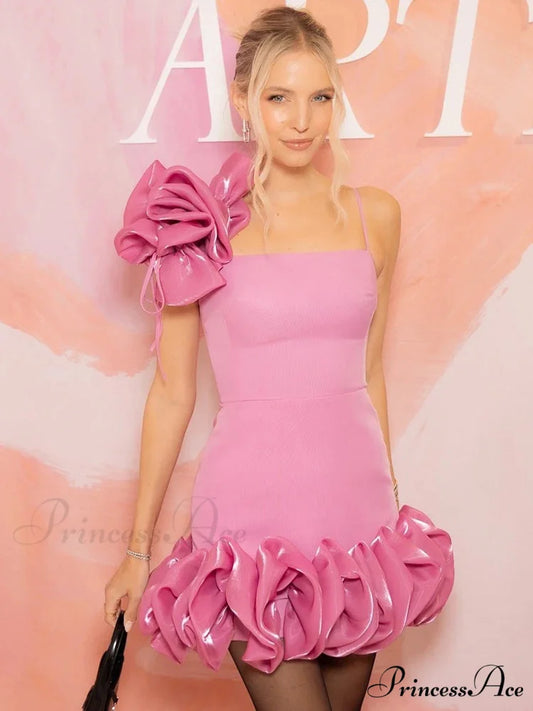 Pink Floral Trim Ruffles Party Dress