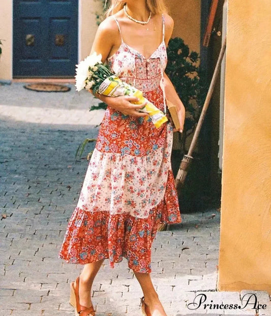 Pink Flowery Print Sleeveless Strap Rayon Summer Maxi Boho Dress red / S bohodress-250126