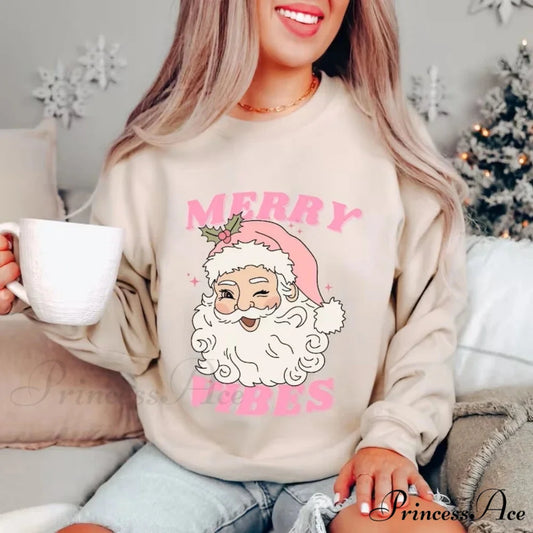 Pink Holiday Season Merry Vibes Cute Funny Kawaii Xmas Santa Christmas Hoodie Beige / S Christmas Hoodies-L