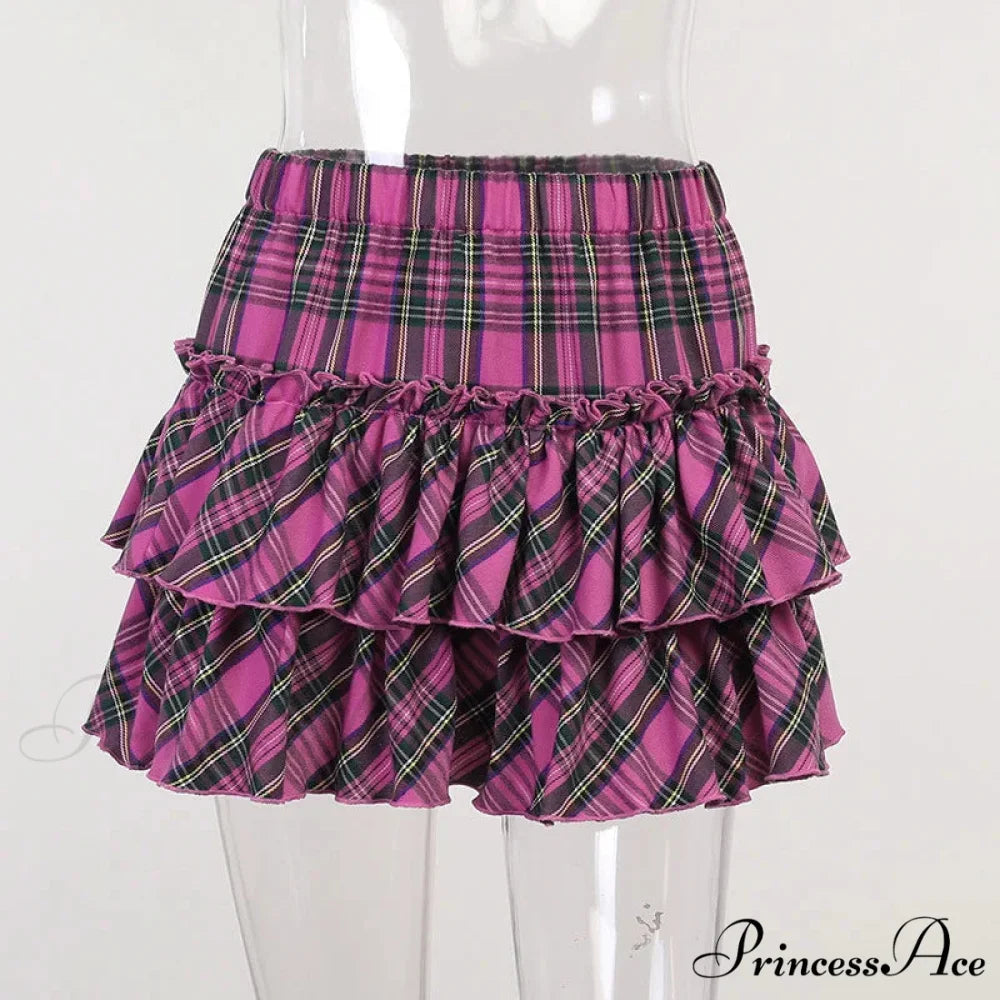 Pink Japanese College Youth Girl Plaid High Waist Slim Skirt PINK / S