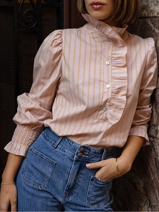 Pink Line Stand Collar Frilled Blouse blouse-250223