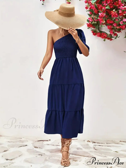 Pink One Shoulder Maxi Dress with Short Sleeve and Smocked Ruffles S / Blue