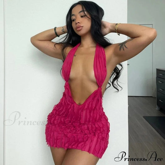 Pink Ruffles Deep Charming V-neck Mini Dress
