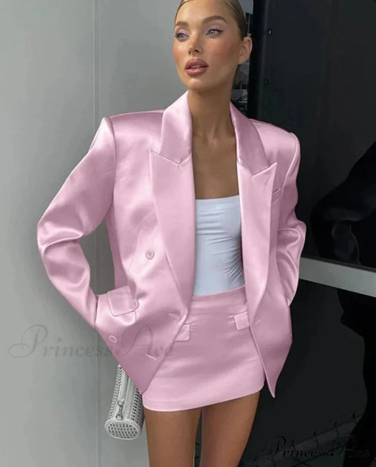 Pink Satin Blazer Charming And Mini Skirt Set Pink / S