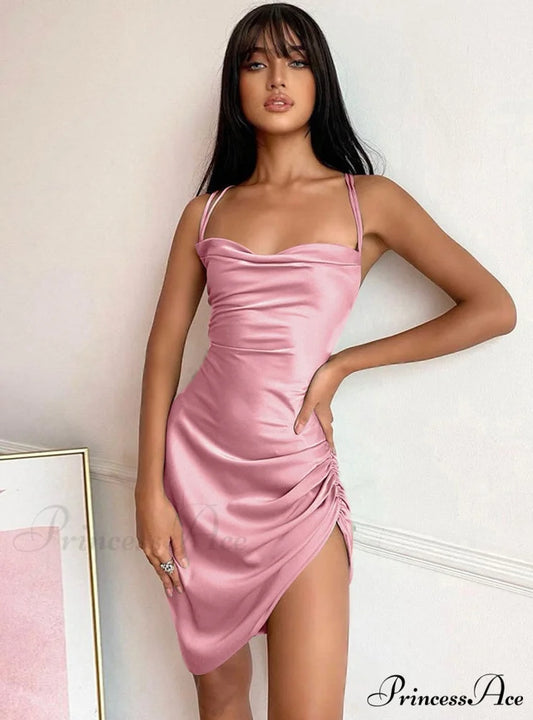Pink Satin Bodycon Sling Slit Dress for Women S / Khaki