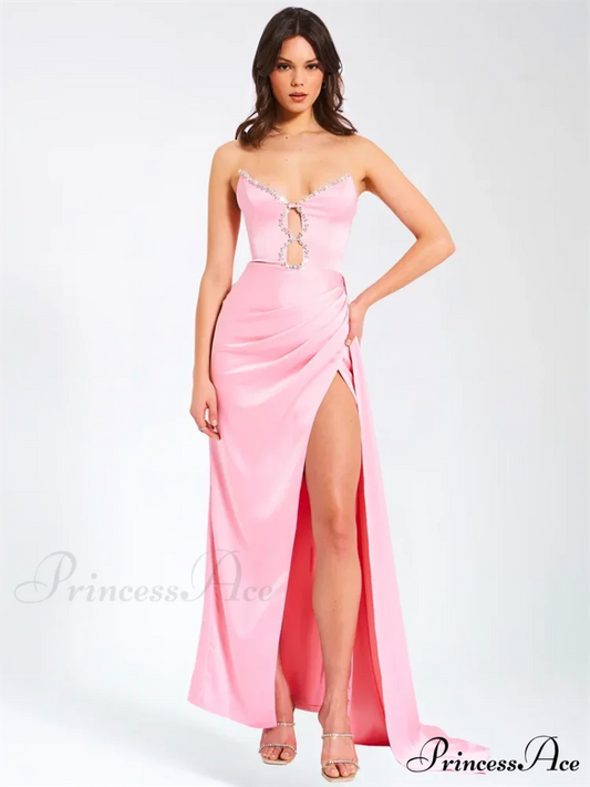 Pink Satin Strapless Party Dress Pink / XS